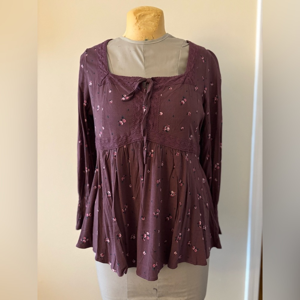 Torrid Babydoll Rayon Slub Lace Trim Long Sleeve